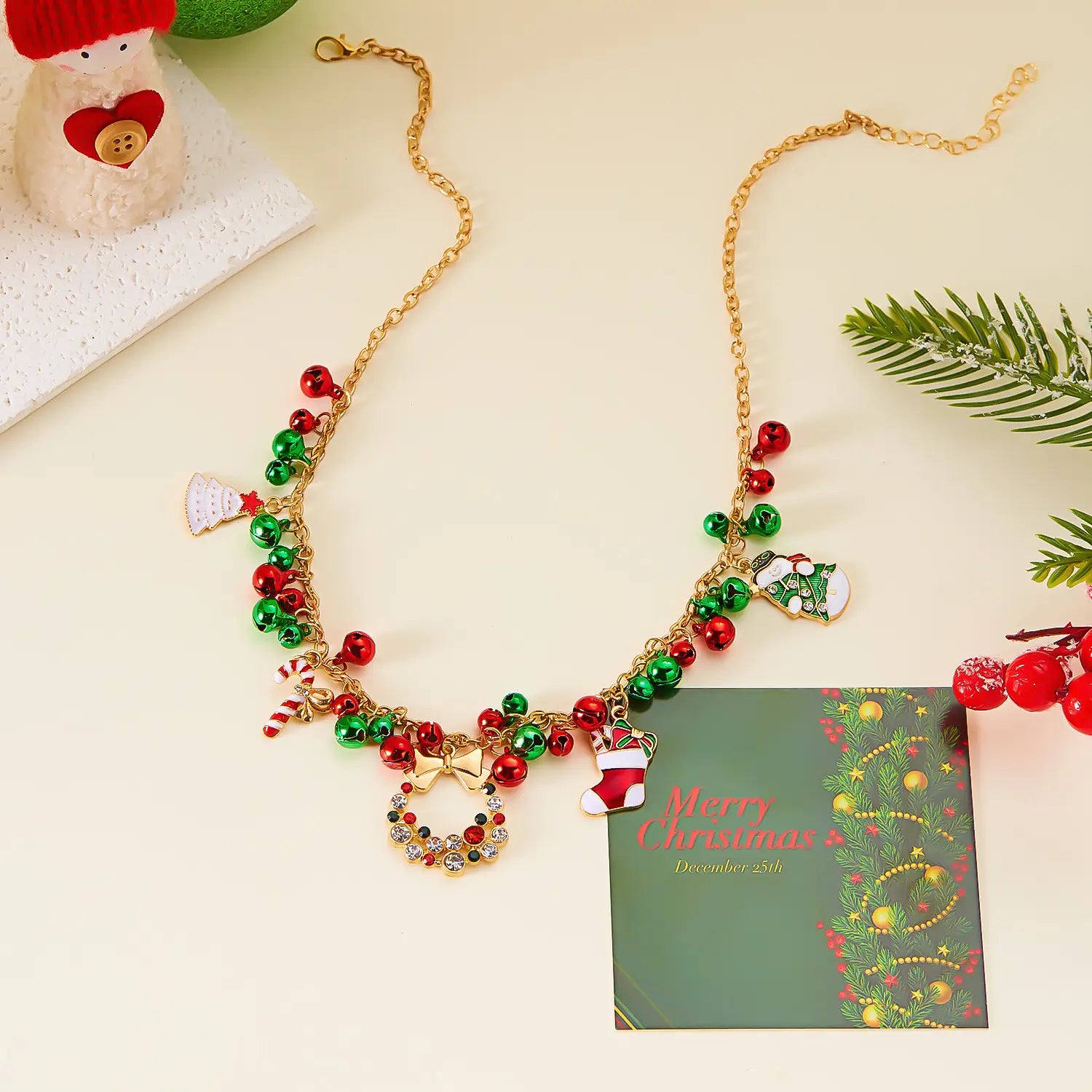 Christmas-themed necklace for women santa claus wreath rhinestone pendant christmas bell and tree sweater chain