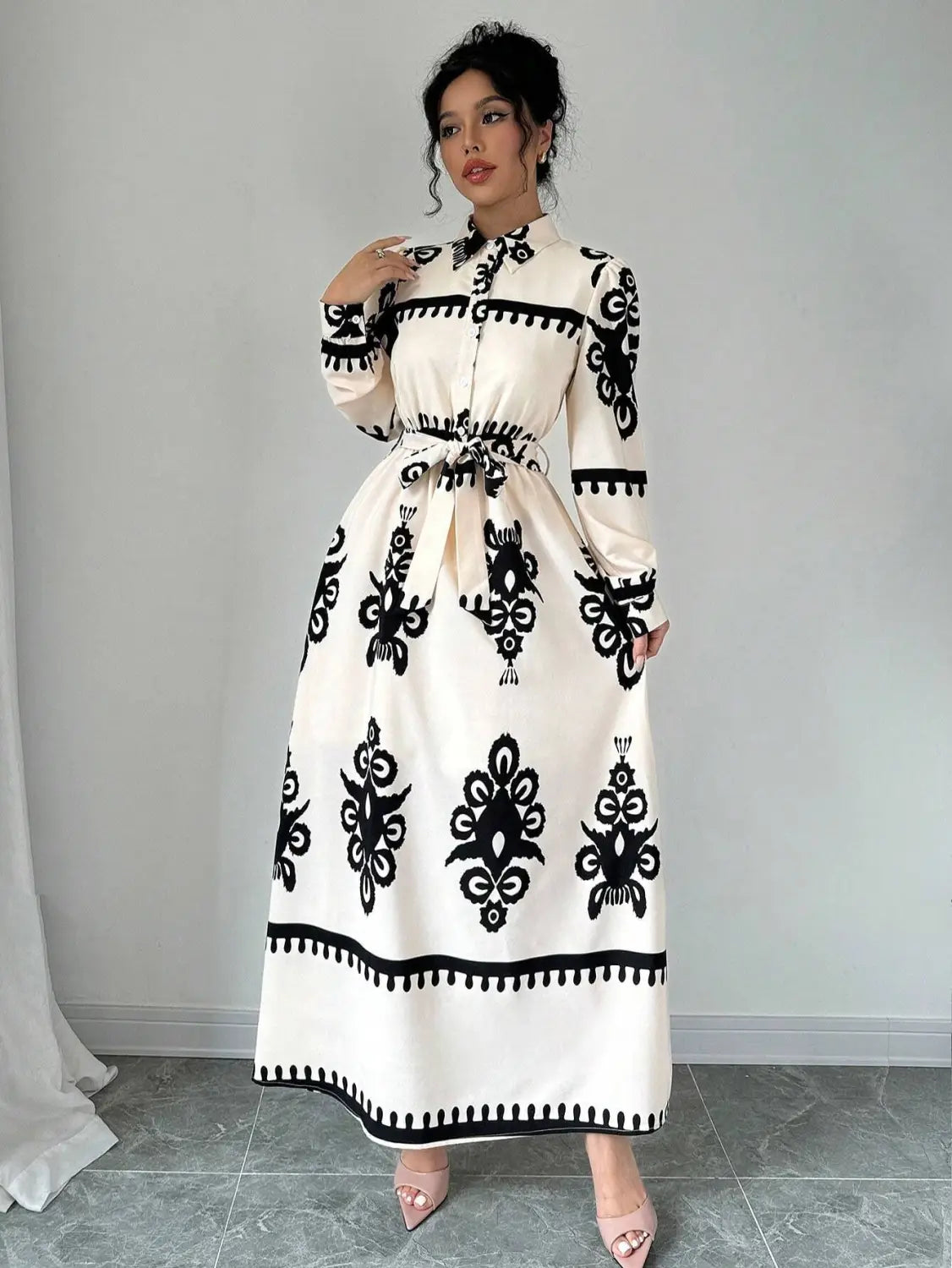 Style printed tie-up long dress with a-line silhouette