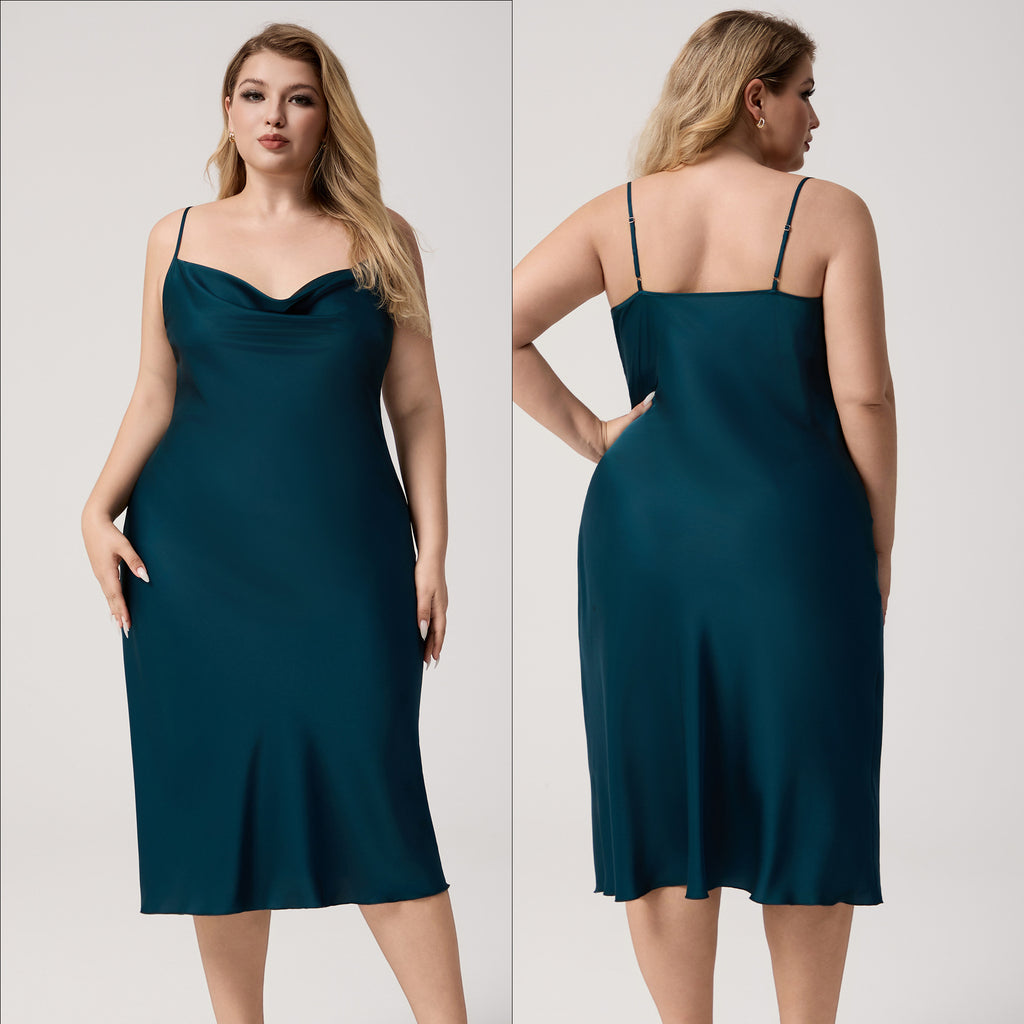 Plus Size Satin Nightdress for Women Summer One-Piece Plunge Neck Strap Loose Loungewear Sleepwear