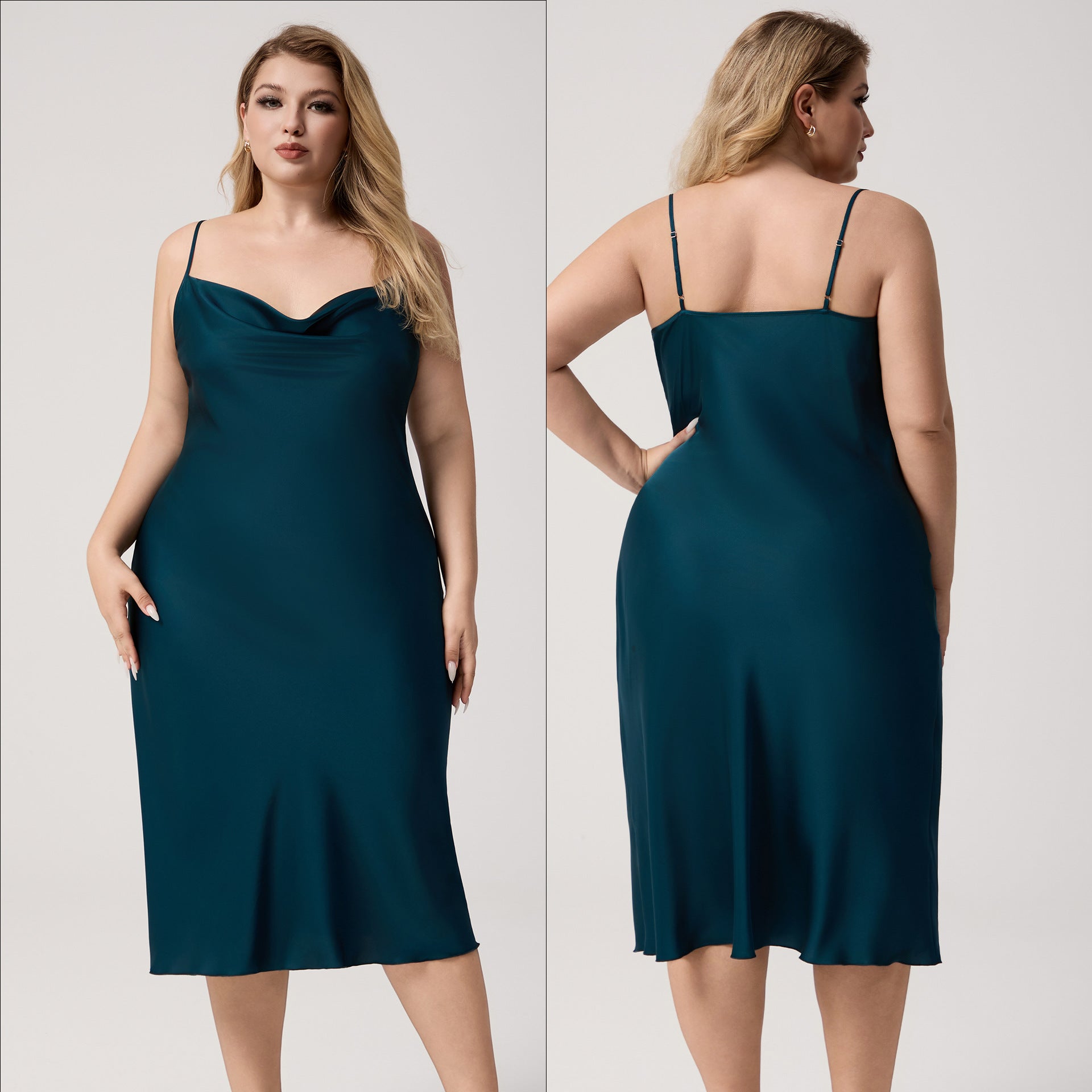 Plus Size Satin Nightdress for Women Summer One-Piece Plunge Neck Strap Loose Loungewear Sleepwear