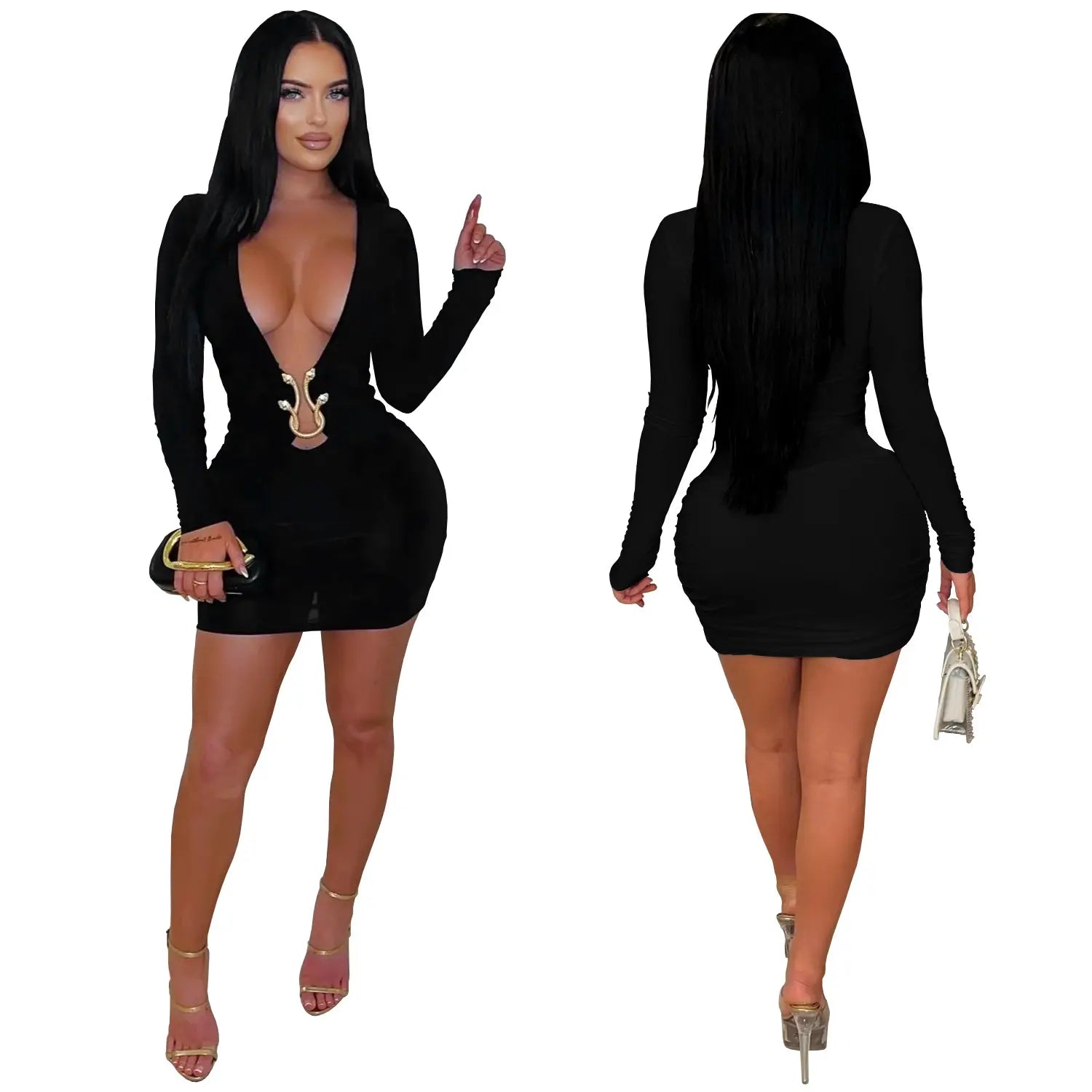 Fashionable women’s sexy deep v-neck bodycon dress with snake pattern accessories