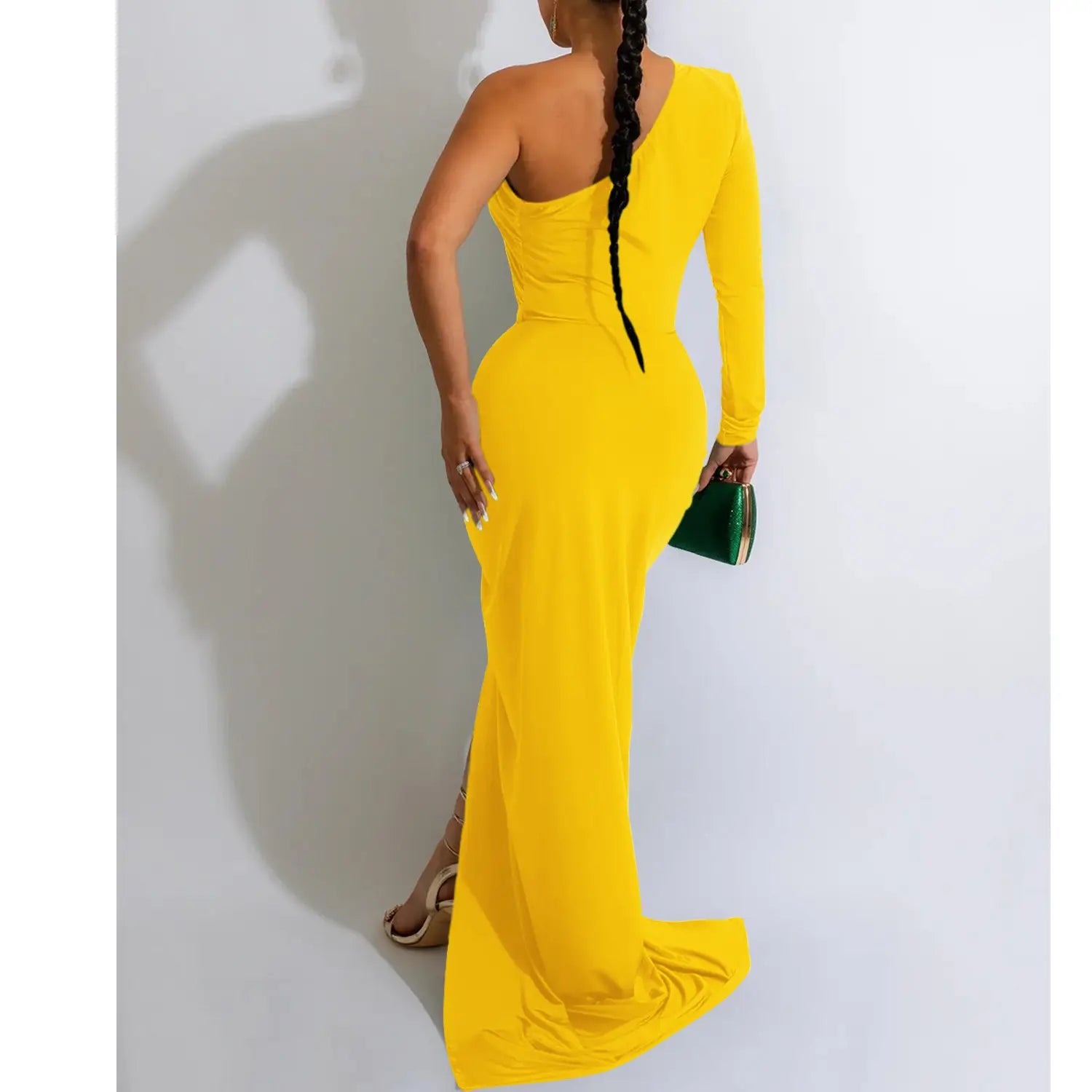 Fashion women’s solid color asymmetrical neck single long sleeve long dress with pleats