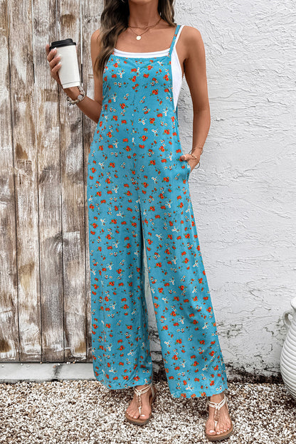 Khaki Floral Print Spaghetti Straps Loose Pocketed Jumpsuit