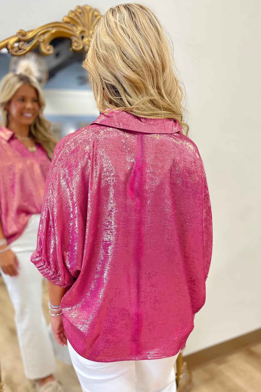 Strawberry Pink Collared V Neck Half Sleeve Metallic Top