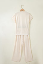 Beige Texture Loose Short Sleeve Top and Cropped Pant Set
