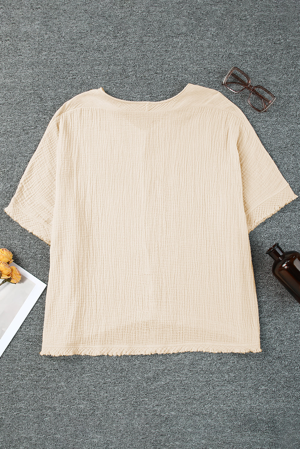Black Frayed Batwing Sleeve Textured Cotton Blouse