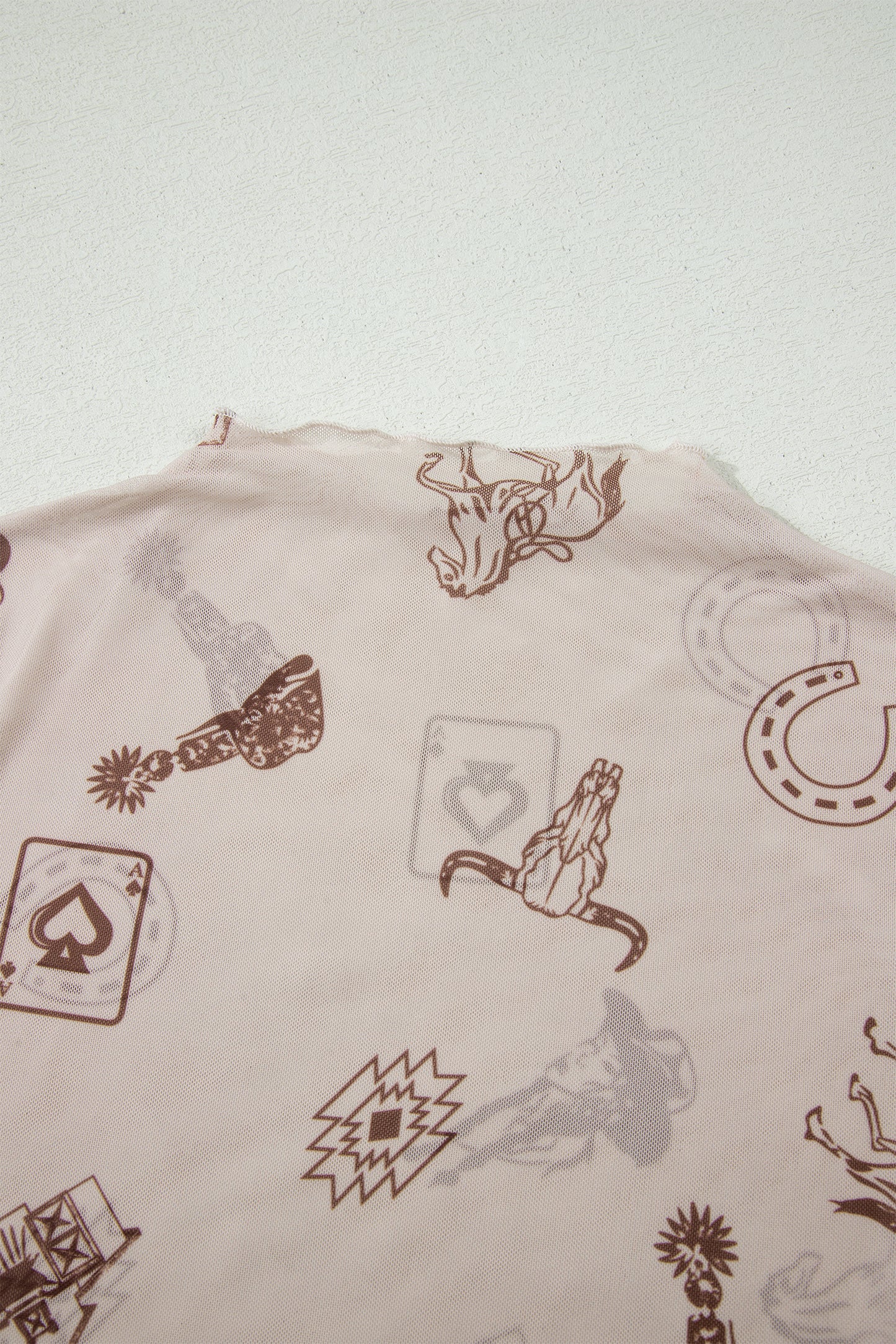 Brown Floral Printed Mesh Short Sleeve Top