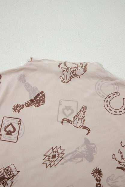 Brown Floral Printed Mesh Short Sleeve Top