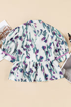 Purple Floral Ricrac Trim Puff Sleeve Peplum Blouse