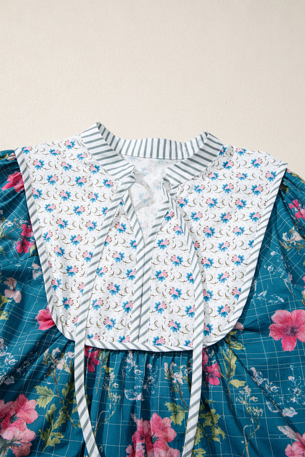 Sky Blue Floral Print Contrast Yoke Patchwork Striped Trim Long Puff Sleeve Blouse