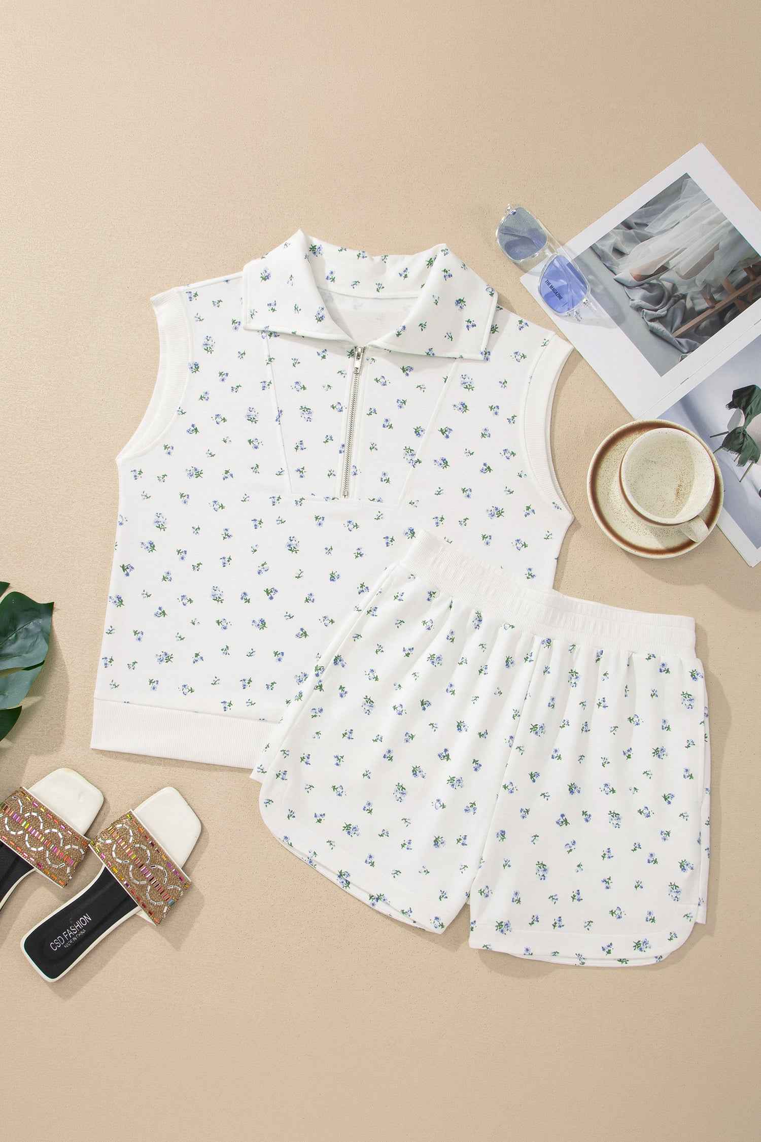 White Floral Print Half Zip Top Matching Short Set