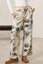 Beige Retro Floral Print Turn-up Cuffed Hem Loose Jeans