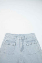 Sky Blue Striped Button Flap Pocket Cuffed Hem Wide Leg Jeans