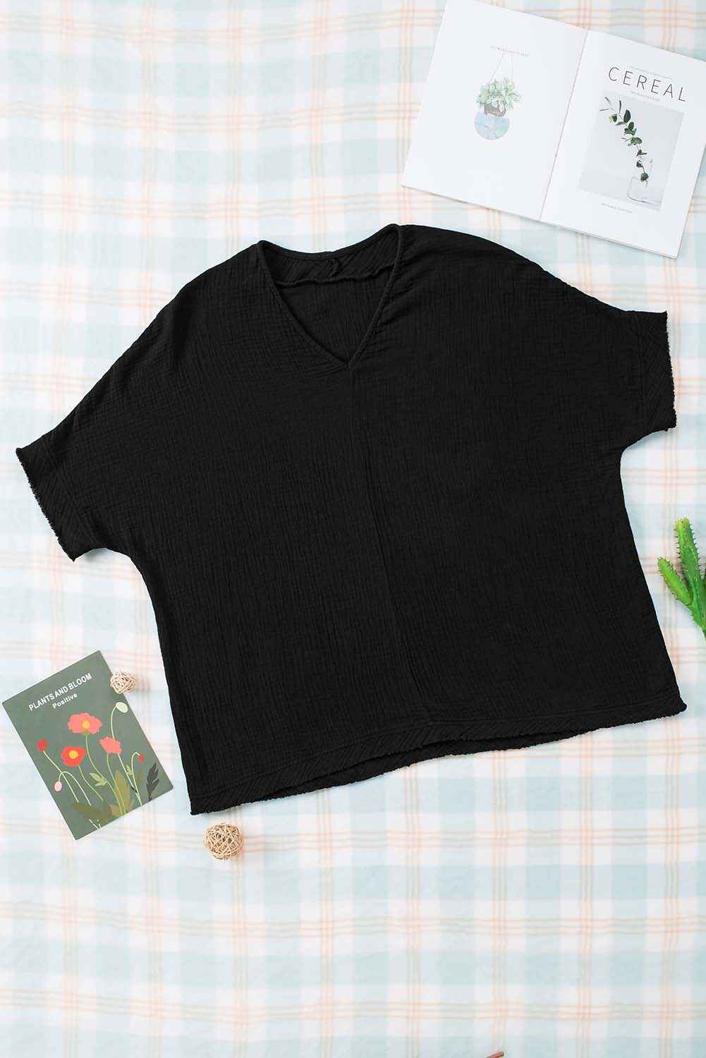 Black Frayed Batwing Sleeve Textured Cotton Blouse
