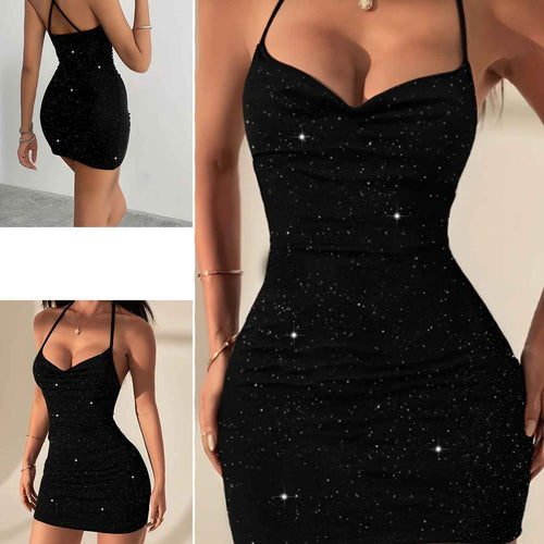 2025 Black Sequin Strappy Backless Bodycon Evening Gown