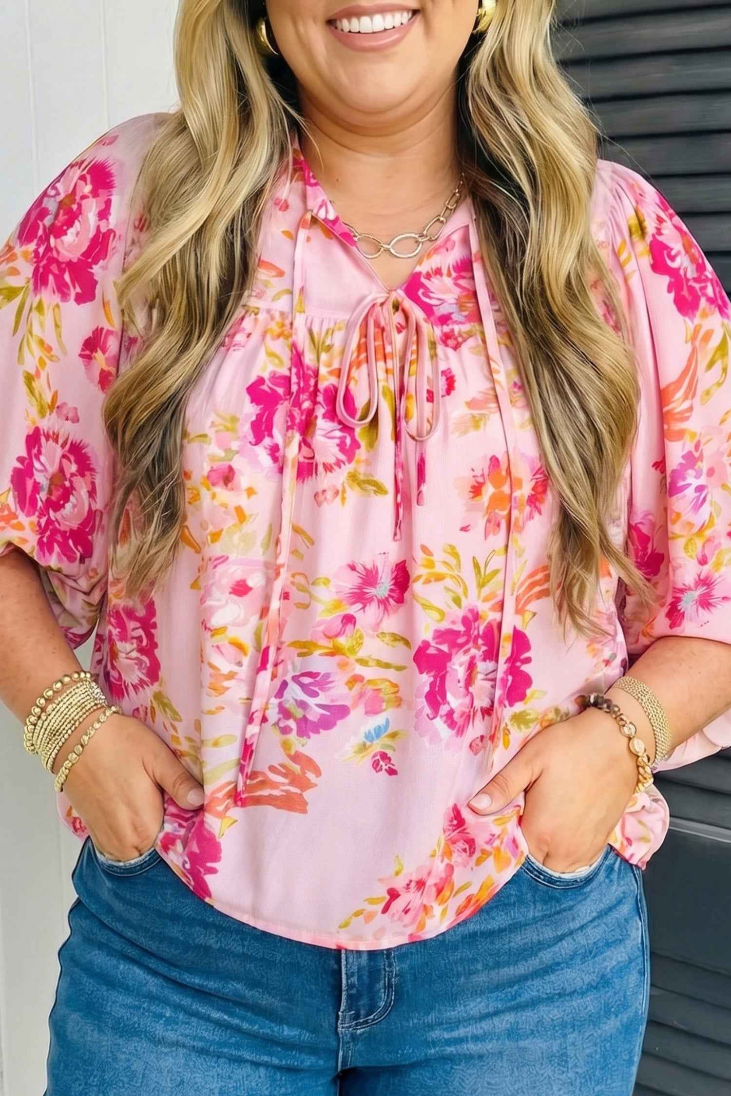 Pink Plus Size Floral Print V Neck Tie Front Short Sleeve Tunic Top