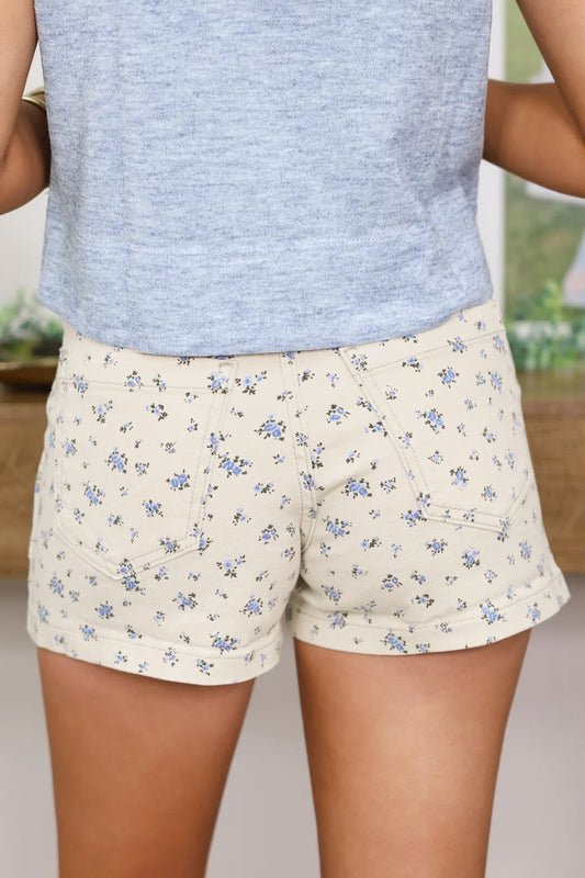 White Floral Casual Cute Denim Shorts