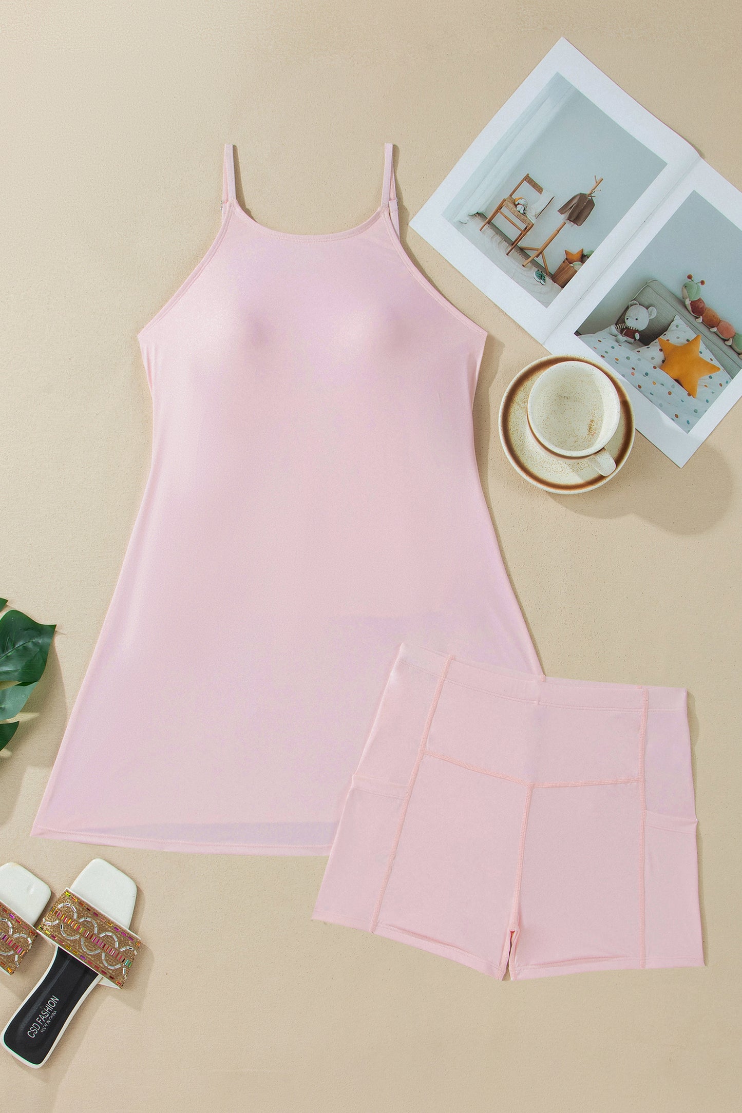 Bright Pink Solid Color Tunic Tank Dress Athletic Shorts Two Piece Set