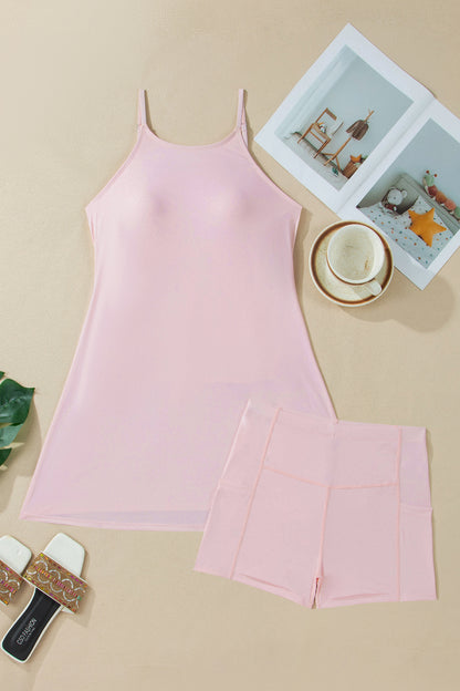 Bright Pink Solid Color Tunic Tank Dress Athletic Shorts Two Piece Set