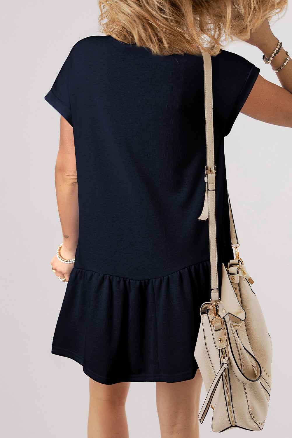 Navy Blue Solid Color Cap Sleeve Ruffle Hem Casual Short Dress