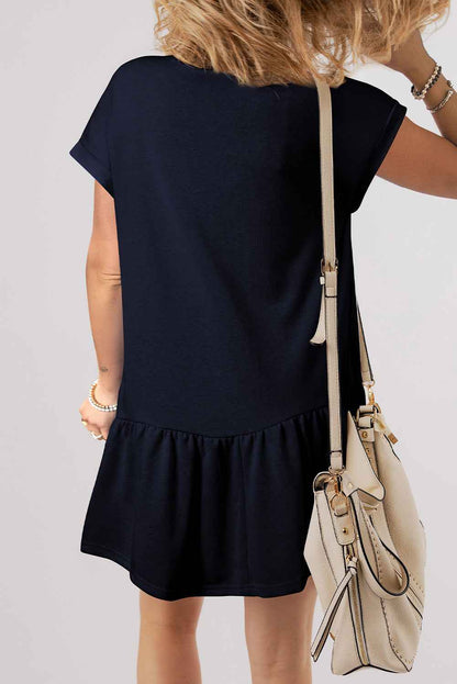 Navy Blue Solid Color Cap Sleeve Ruffle Hem Casual Short Dress