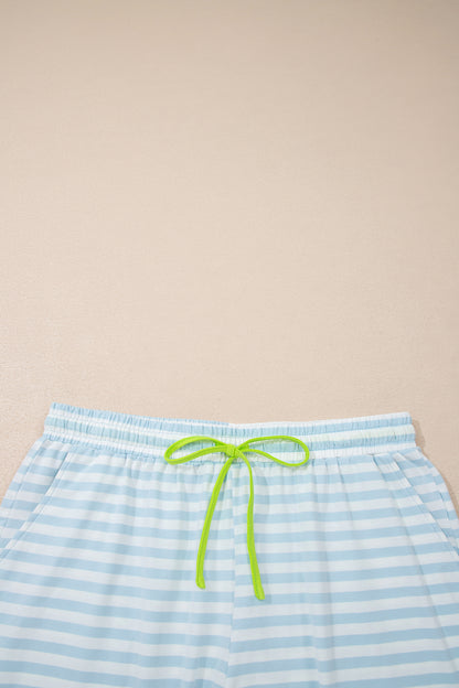 Yellow Stripe Contrast Neck Loose Tee and Drawstring Shorts Set