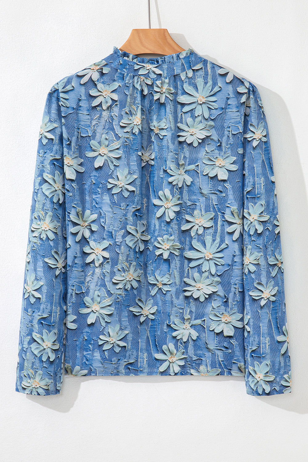 Sky Blue Checkered Floral Patchwork V Neck Blouse