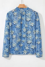 Sky Blue Checkered Floral Patchwork V Neck Blouse