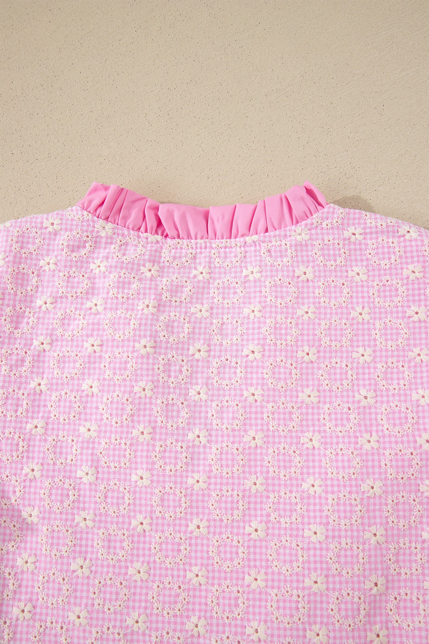 Pink Eyelet Embroidered Flower Texture Contrast Lace Trim Flutter Sleeve Blouse