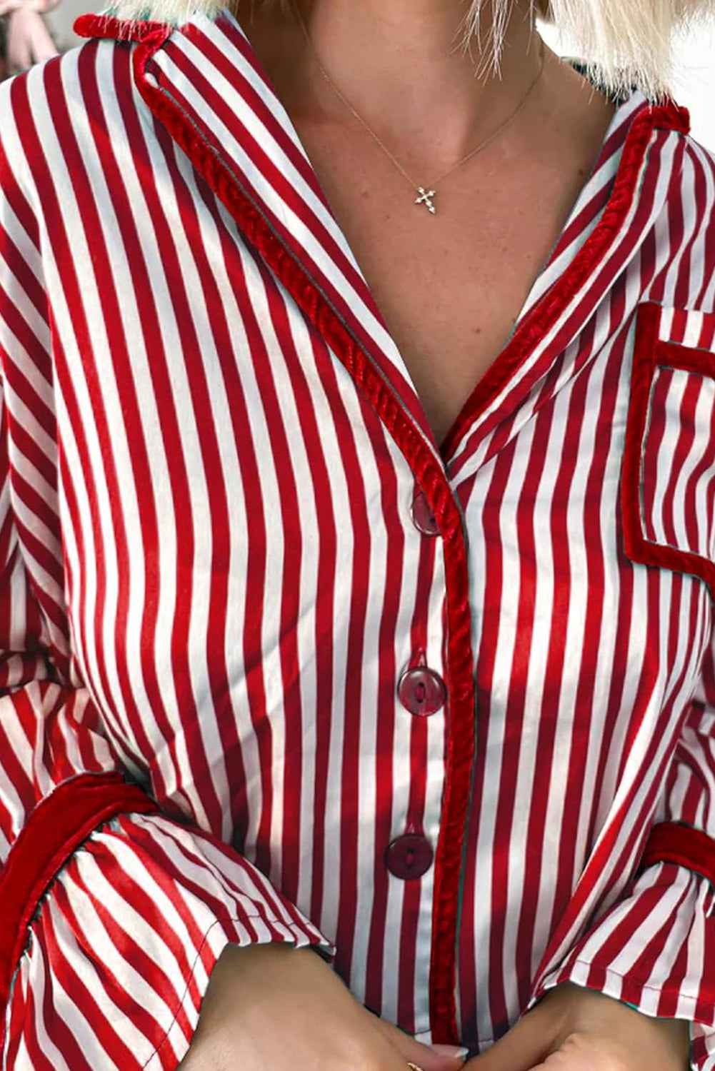 Red Striped Contrast Velvet Trim Knot Waist Pajama Set