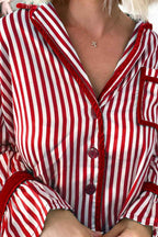 Red Striped Contrast Velvet Trim Knot Waist Pajama Set