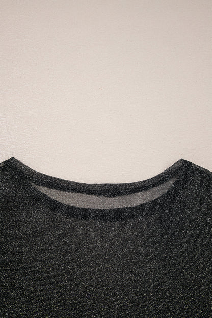 Black Metallic Glitter Mesh Long Sleeve Top