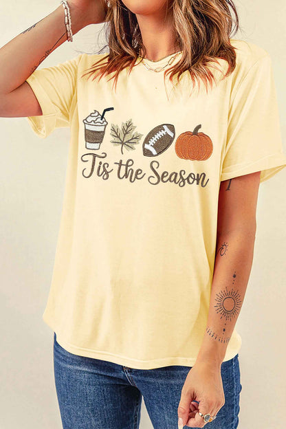 Yellow Cream Tis the Season Embroidered Fall Icons Casual Round Neck Tee
