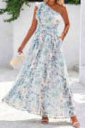 Sky Blue Floral Print Ruffled One Shoulder Vacation Maxi Dress