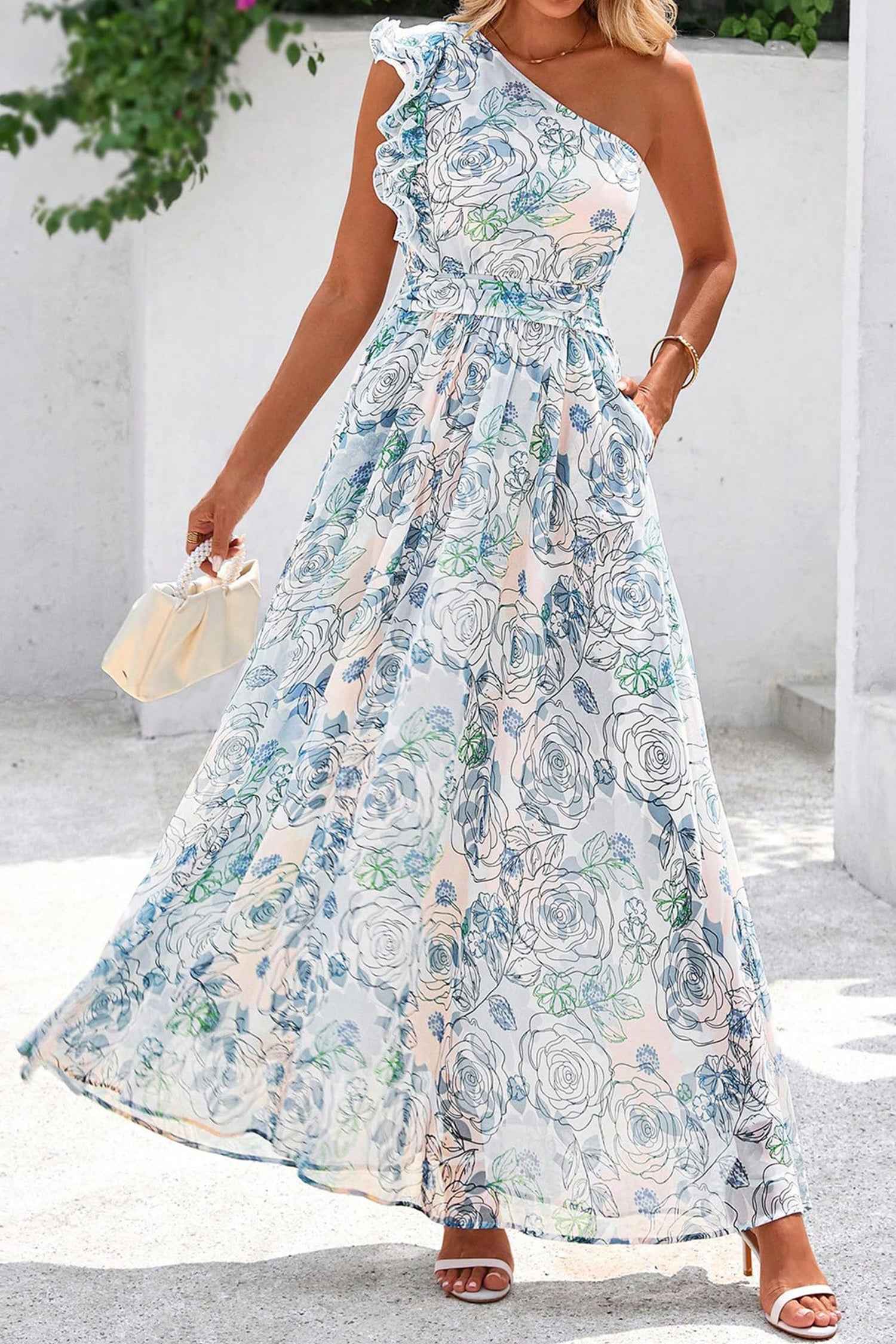 Sky Blue Floral Print Ruffled One Shoulder Vacation Maxi Dress