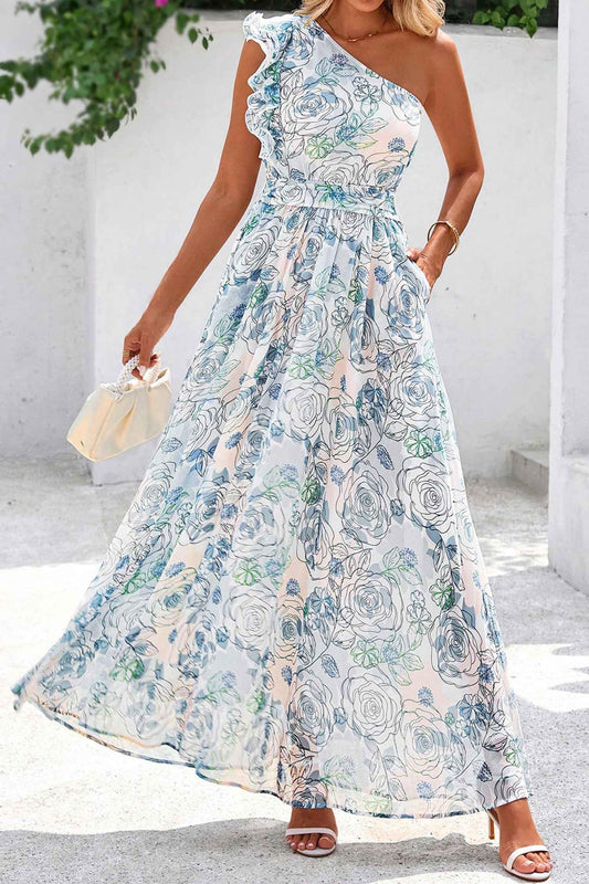 Sky Blue Floral Print Ruffled One Shoulder Vacation Maxi Dress