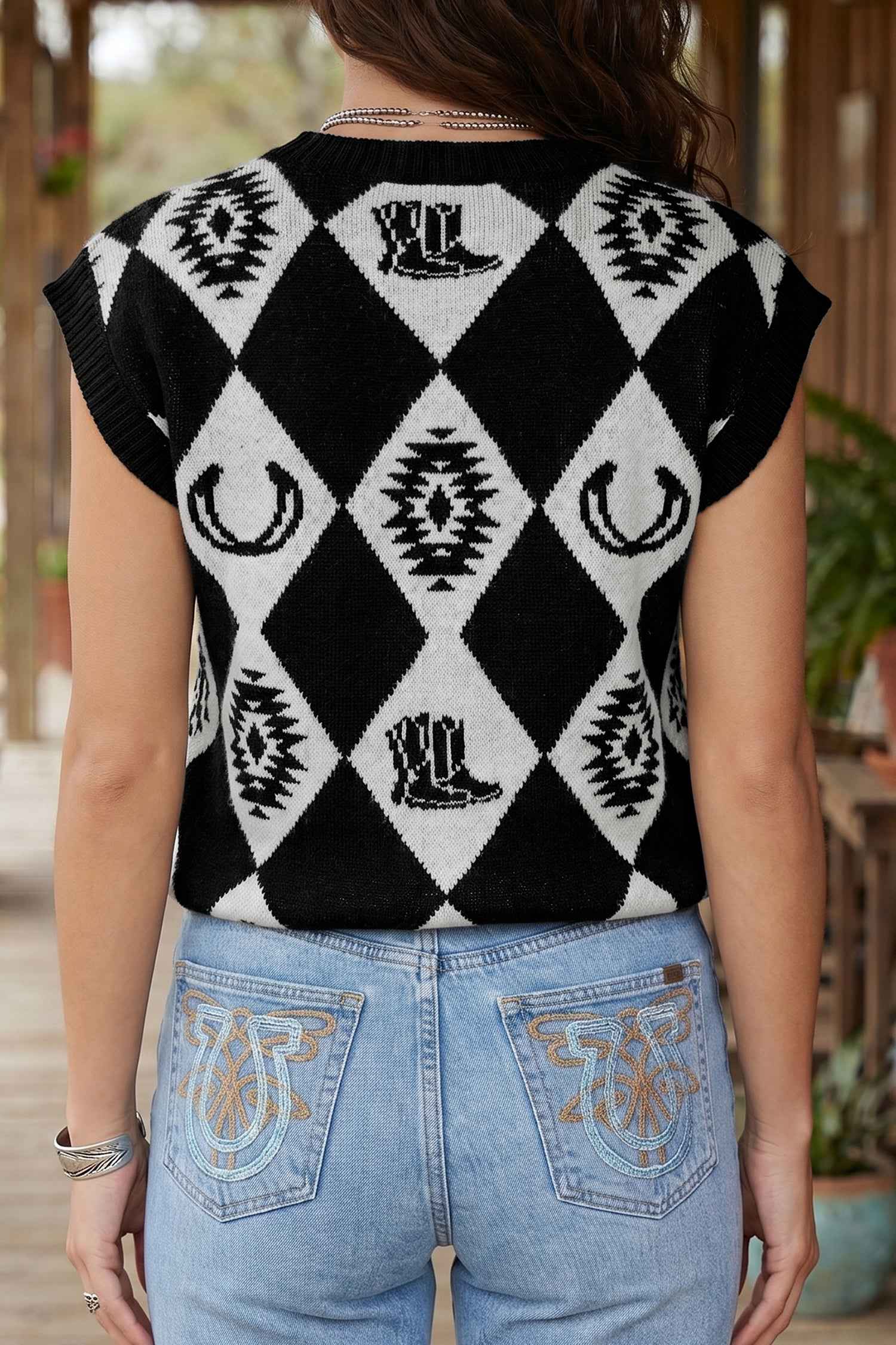 Black Retro Rhombus Western Print Drop Shoulder Short Sleeve Sweater