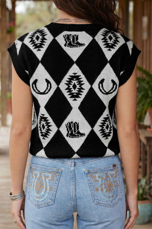 Black Retro Rhombus Western Print Drop Shoulder Short Sleeve Sweater