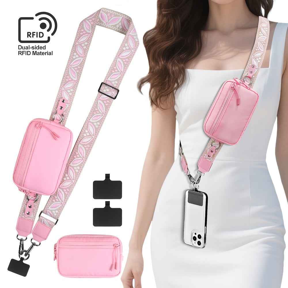 Embroidered Floral Crossbody RFID Wallet Phone Lanyard Chic