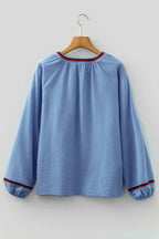 Real Teal Floral Embroidered Split Neck Tassel Tie Puff Sleeve Blouse