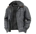 Casual Solid Color Hooded Cotton Jacket with Fleece Lining and Zipper Pockets for Men