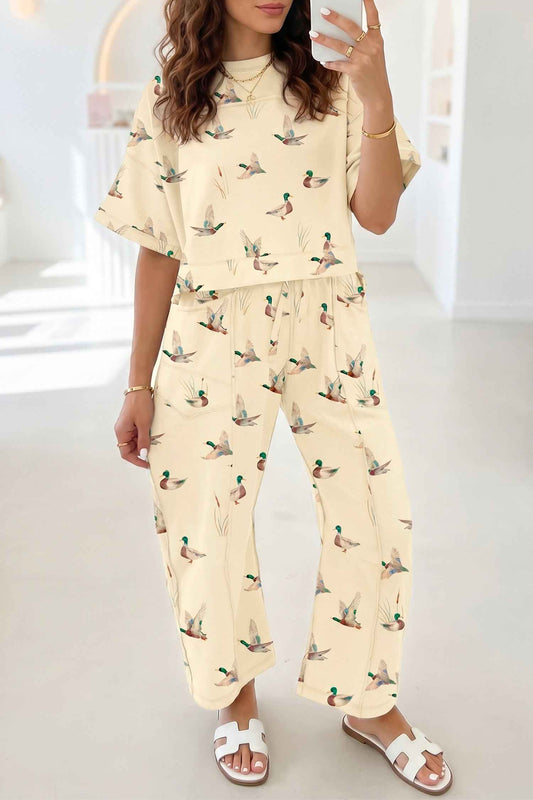 Beige Duck Print Short Sleeve Top Pocket Pants 2pcs Casual Set