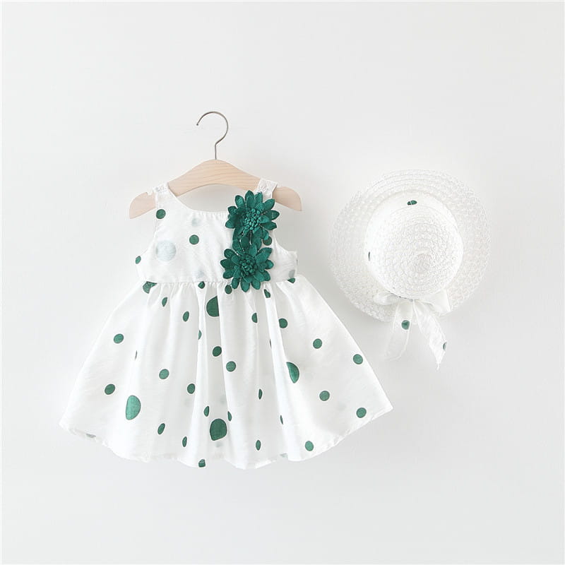 Summer girls dot strap dress baby sleeveless princess dress beach skirt free hat