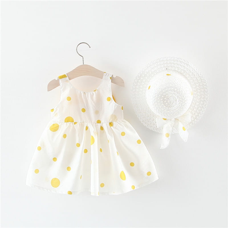 Summer girls dot strap dress baby sleeveless princess dress beach skirt free hat
