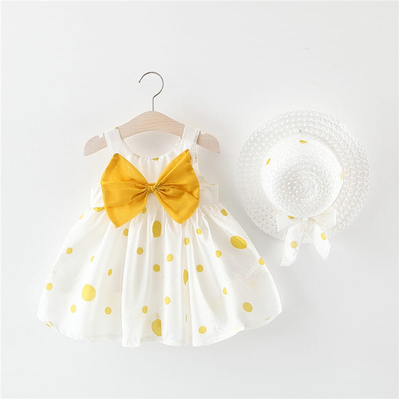 Summer girls dot strap dress baby sleeveless princess dress beach skirt free hat