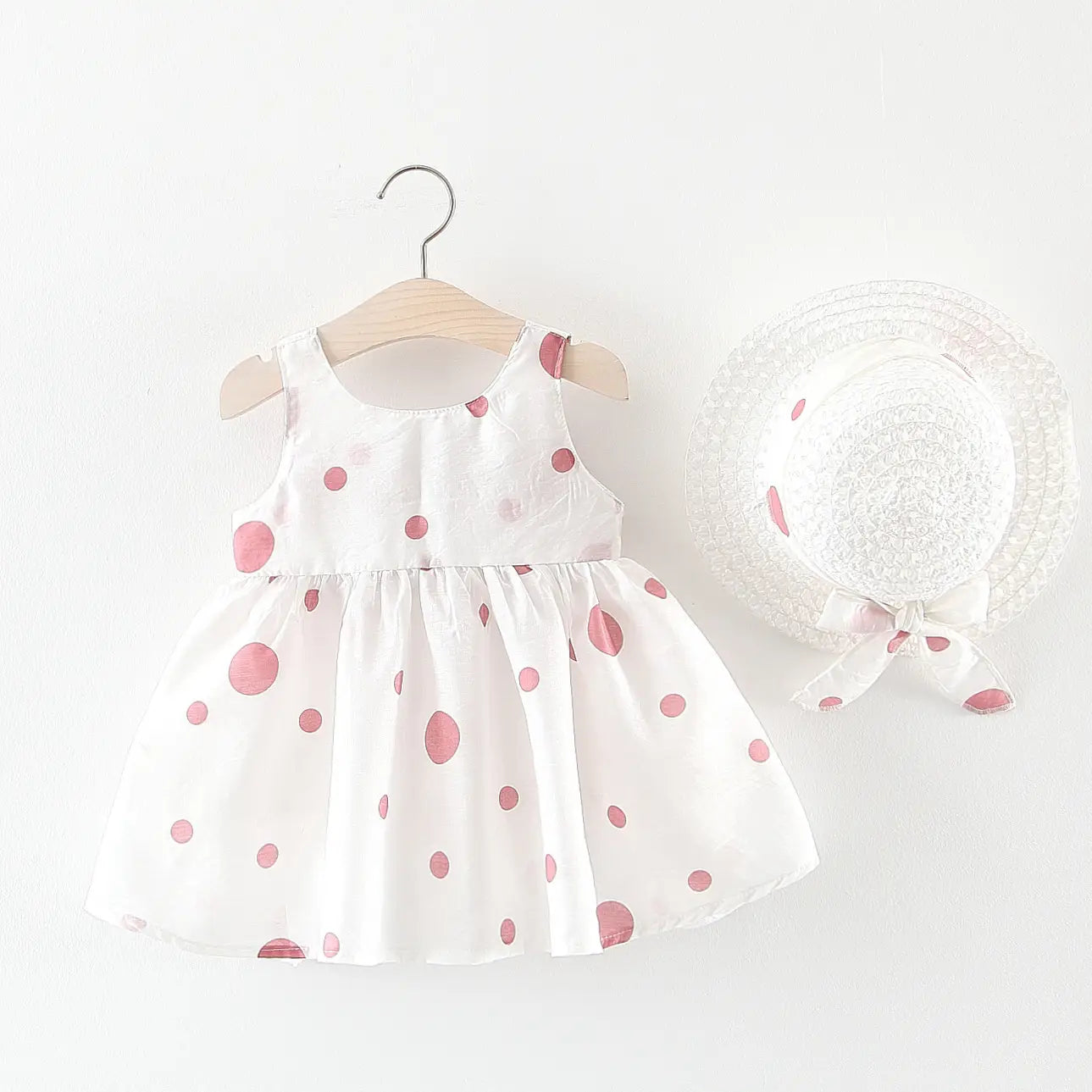 Summer girls dot strap dress baby sleeveless princess dress beach skirt free hat