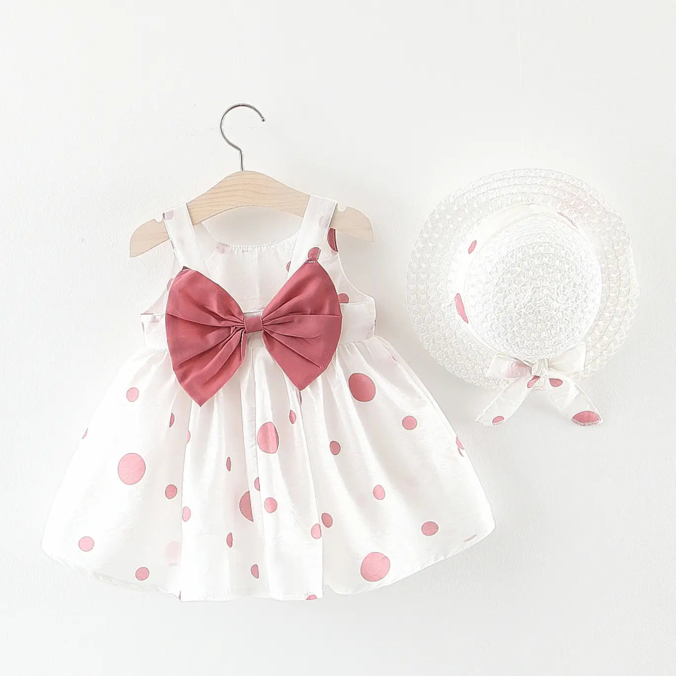 Summer girls dot strap dress baby sleeveless princess dress beach skirt free hat