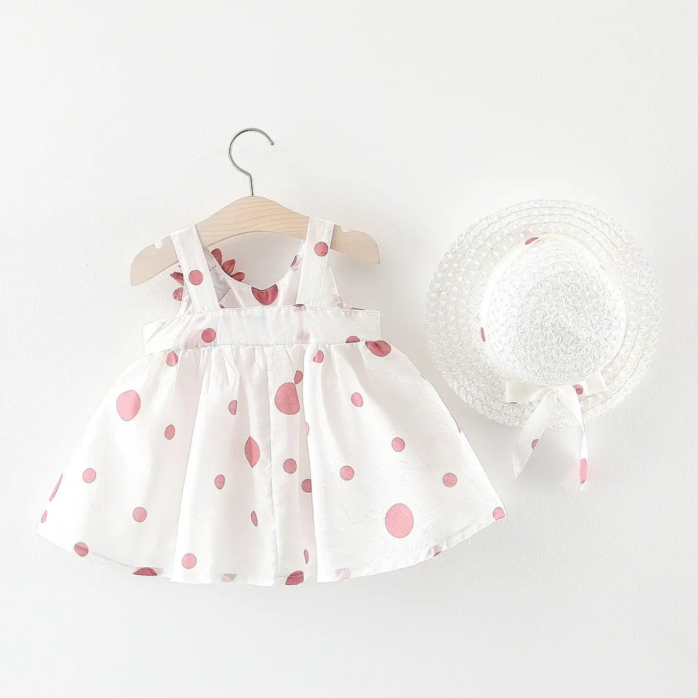 Summer girls dot strap dress baby sleeveless princess dress beach skirt free hat