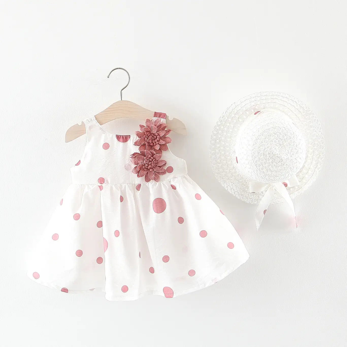 Summer girls dot strap dress baby sleeveless princess dress beach skirt free hat
