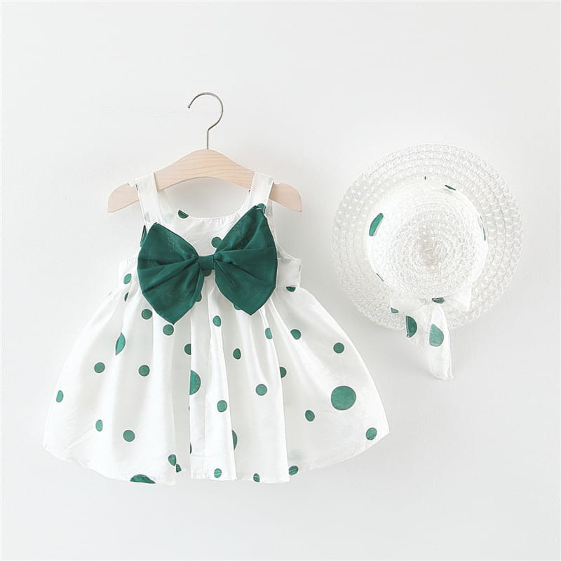 Summer girls dot strap dress baby sleeveless princess dress beach skirt free hat